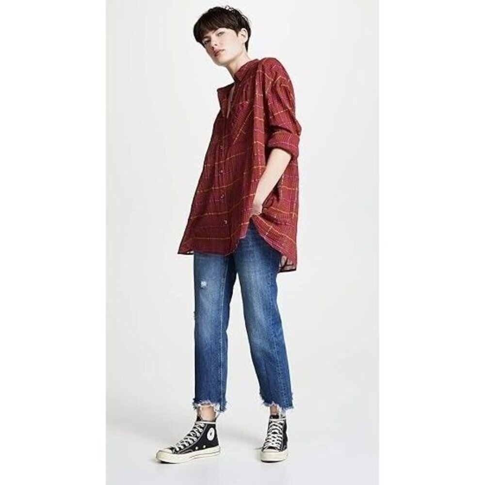 Free People Break Red / Orange Plaid My Stride Button Up /Down Long Sleeve Top S - Picture 5 of 11